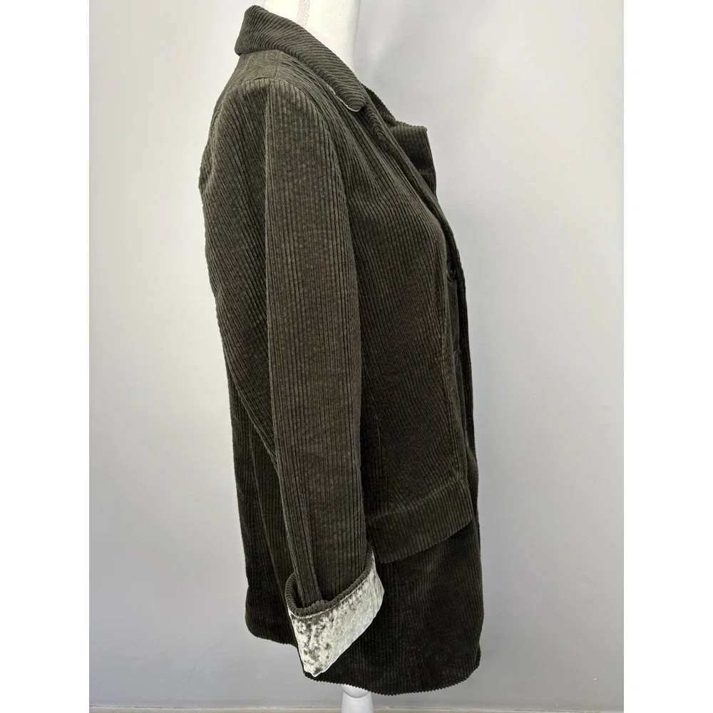 J. Jill Wide Wale Corduroy Jacket Velvet Trim Large Petite Green Barn Chore Coat